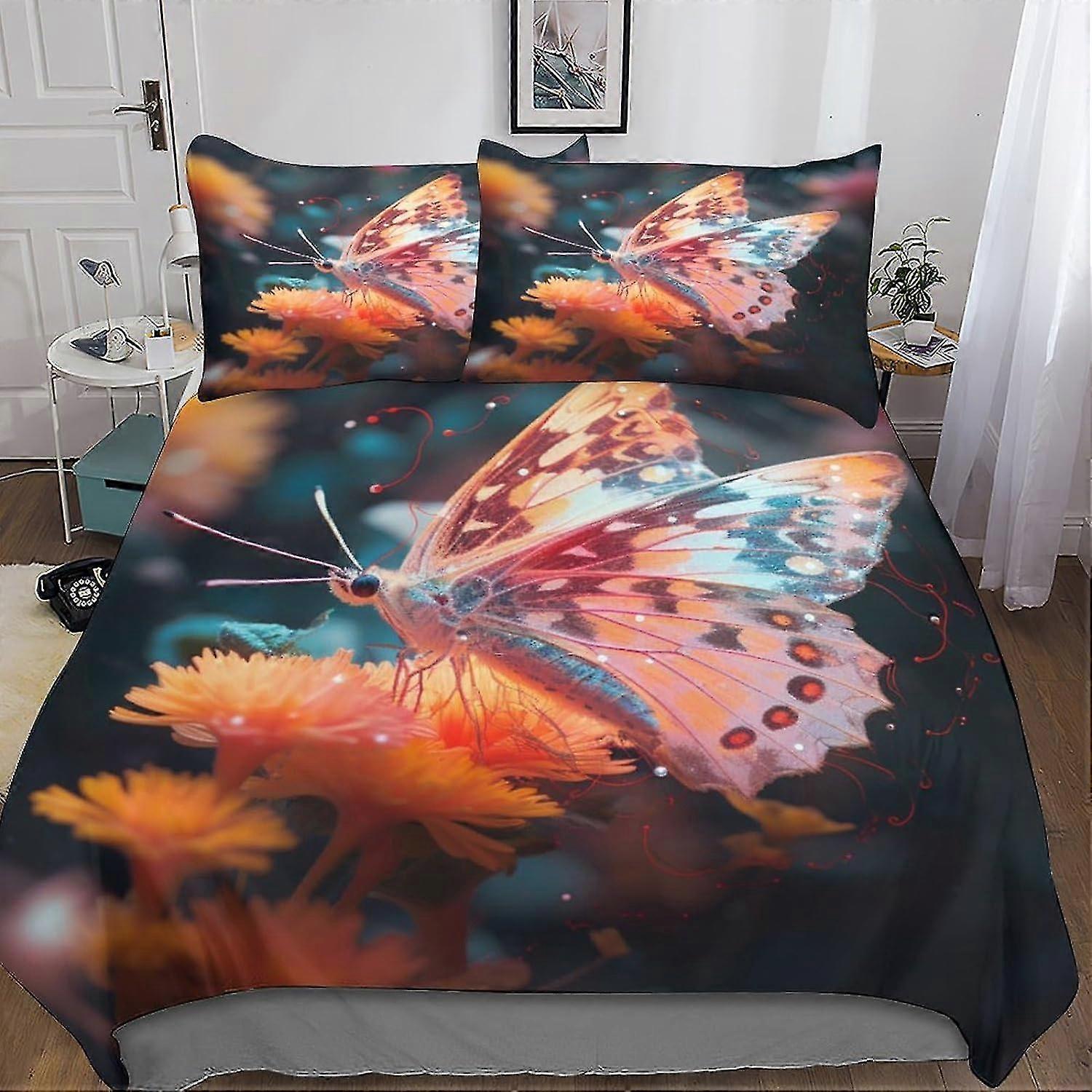 Colorido 3D Flor Borboleta Digital Impressão Capa de Edredão Conjunto de Cama, 3 Peças com Fronha com Zíper