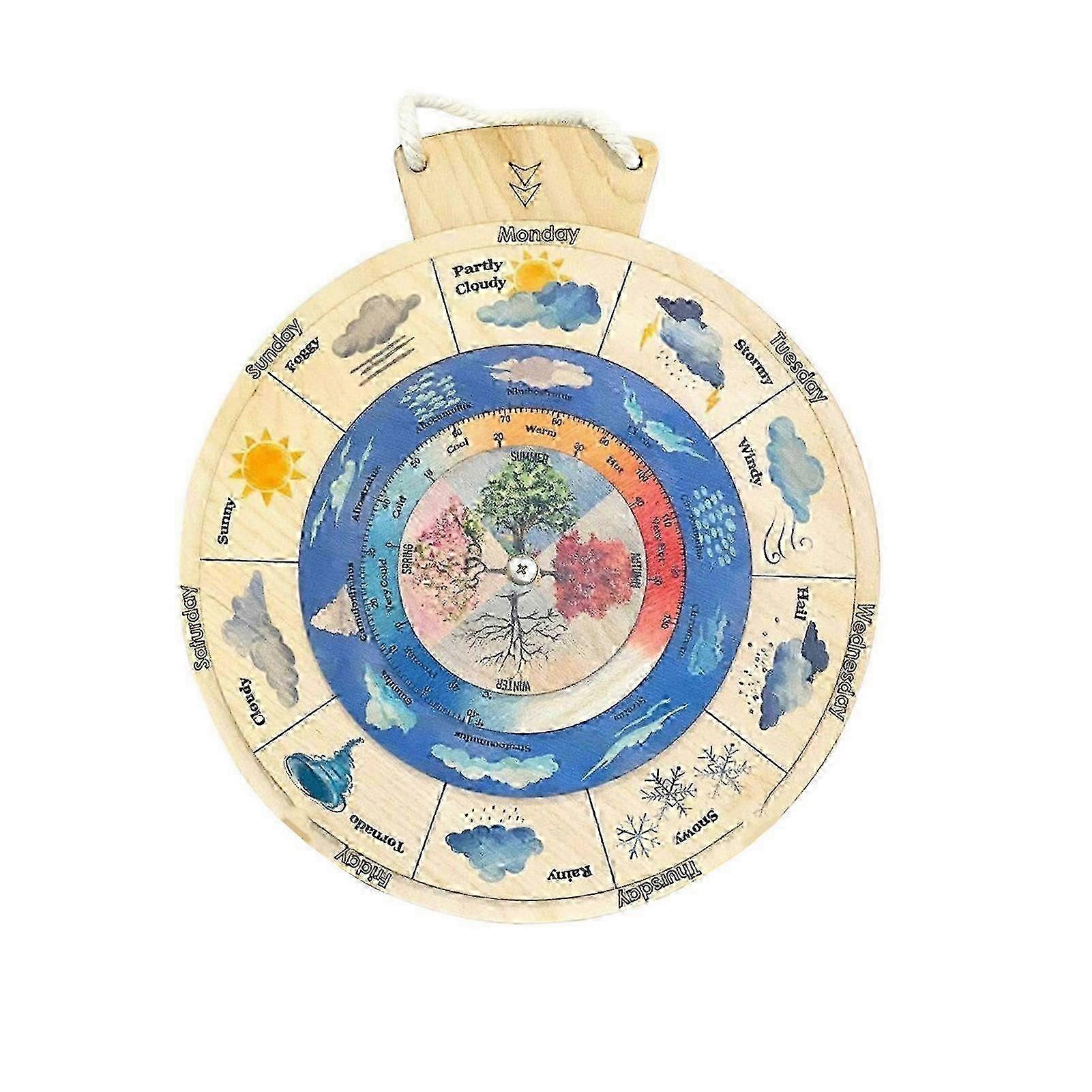 Four Seasons Weather Wheel Calendar Card with Lanyard - Smooth Edge Wooden Learning Board