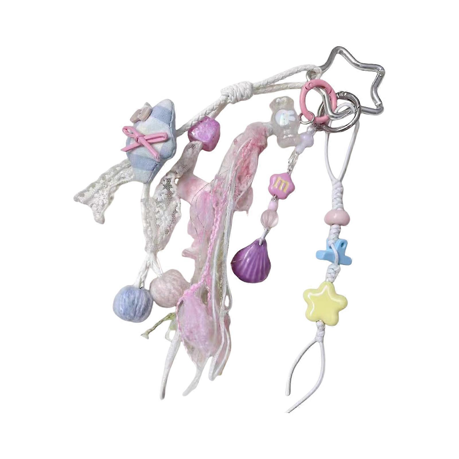 Fashionable Keychain With Handmade Beaded Star Charm Tassels Accent In Soft Macaron Hues