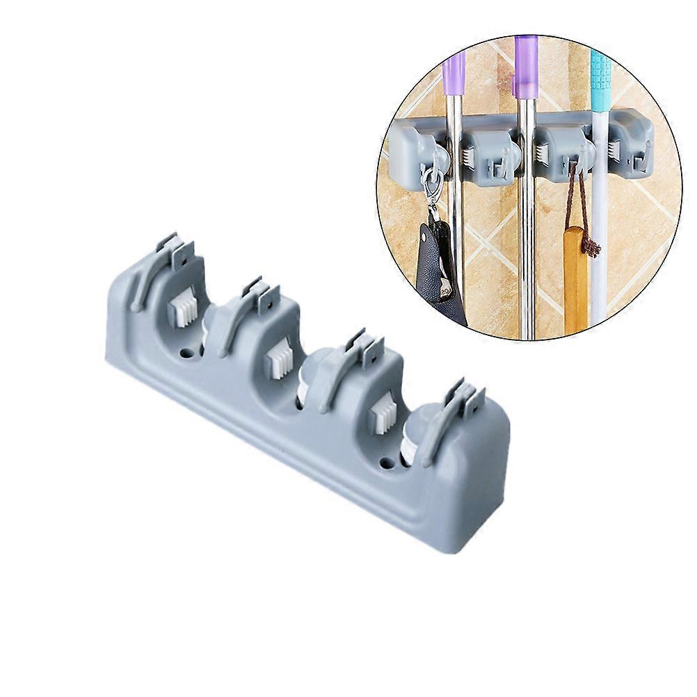 PP Plastic Broom Holder Multifunctional Wall Mounted Mop Storage Rack with 3 Slots 4 Hooks for Gardening Tools Organizer Grey