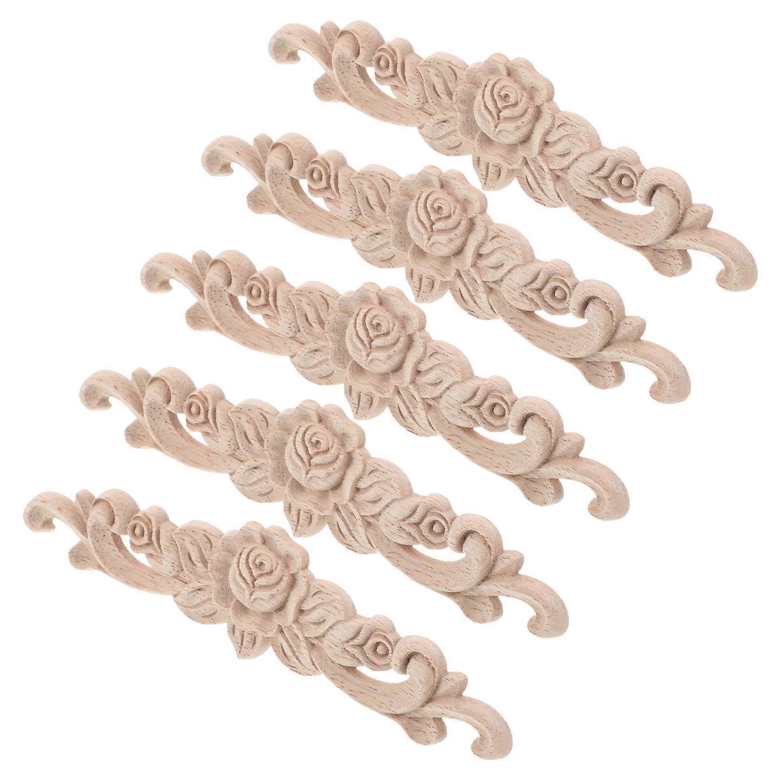 Wooden Rose Carvings Unpainted Appliques for Furniture Decor Set of 5 Light Yellow Wood