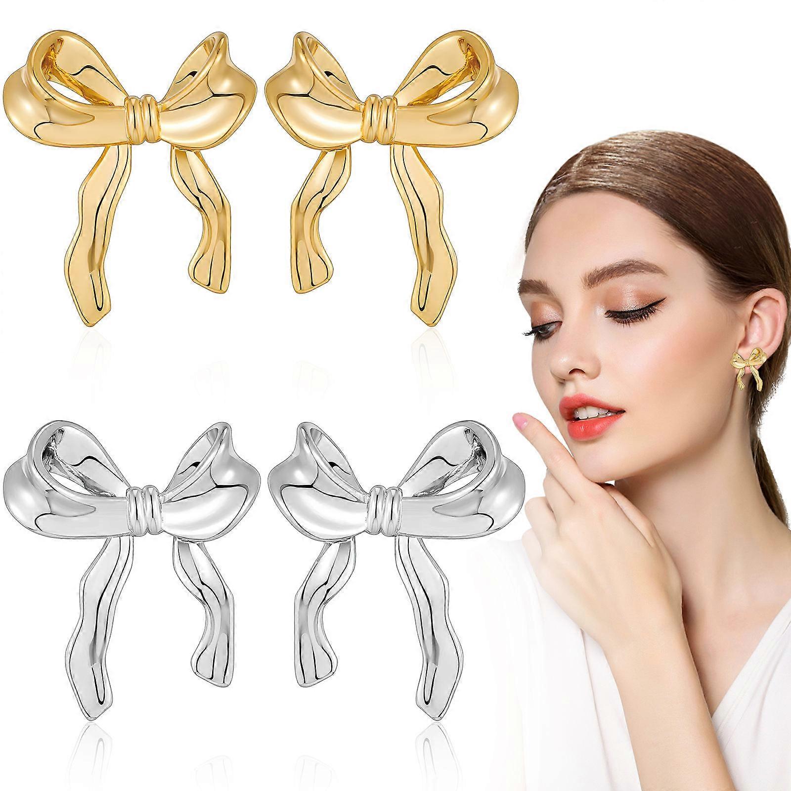 Here's a refined and engaging product description based on your input:

 

**2 Pairs Women's Bow Earrings – Delicate Ribbon Studs for Fashion
