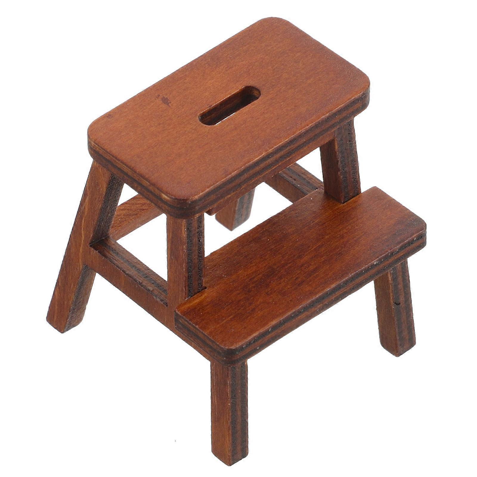 Miniature Wooden Stool for Decor Dark Brown Double Layer Mini Furniture Model 2.5x2.5x3.5 Inches