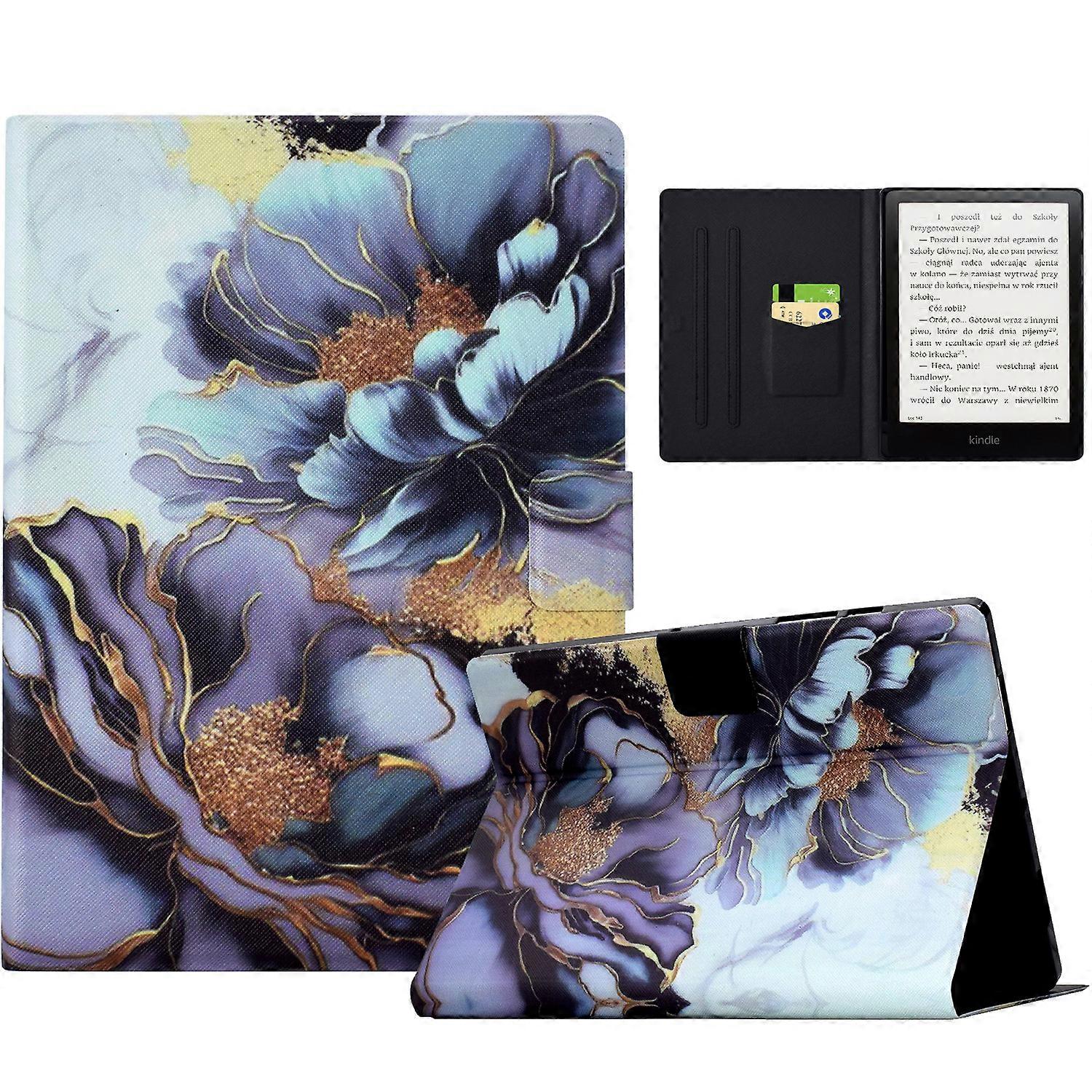 Amazon Kindle Paperwhite(2021)ケースカードスロットパターン印刷レザー電子書籍リーダーカバー牡丹の花