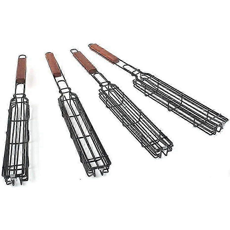 Barbecue Grill Basket Non-Stick Single Kabob Kebab Baskets BBQ Skewers Square Grill Mesh with Wooden Handle for Fried Vegetables Sausage Meat 2Pcs