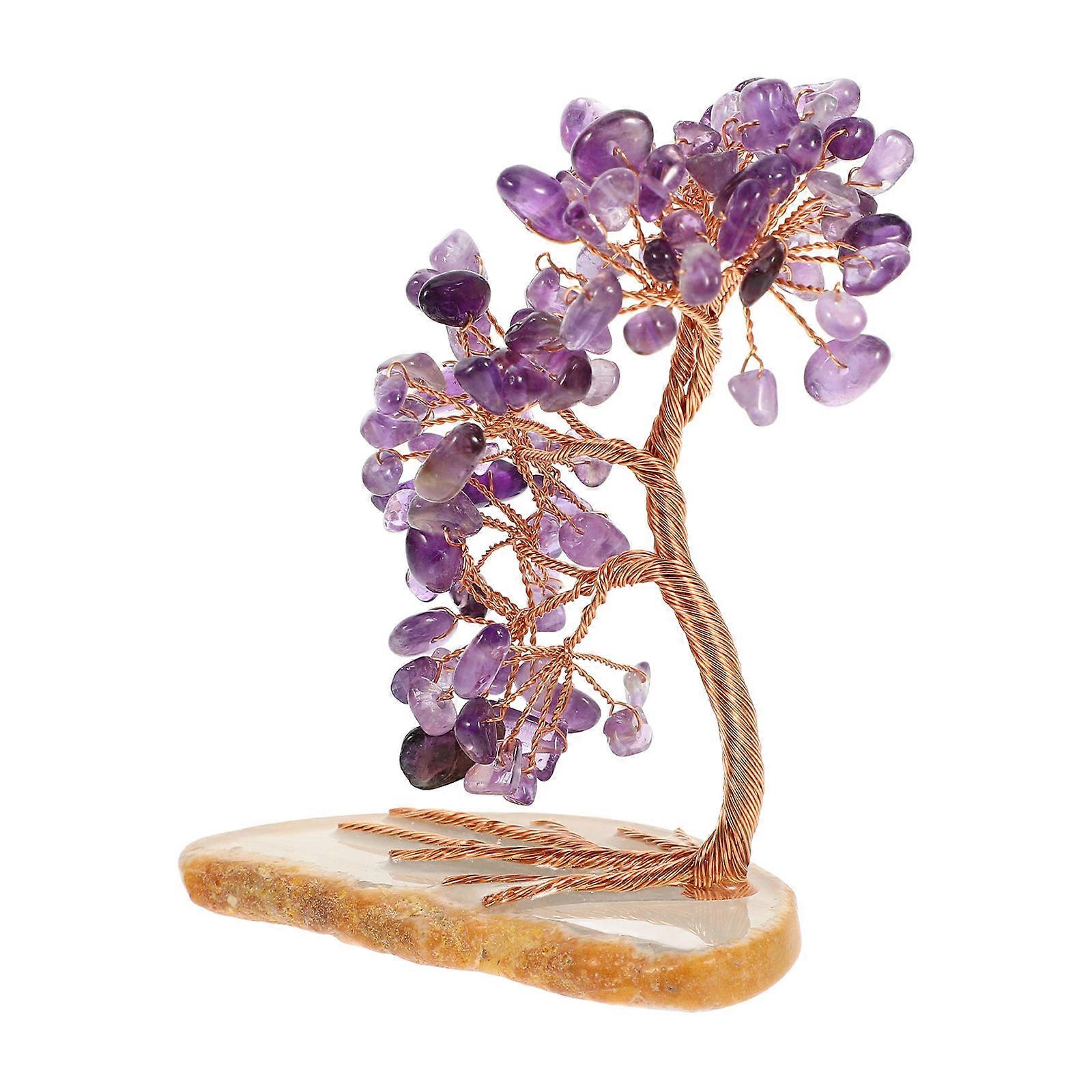 Natural Amethyst Crystal Tree Ornament with Agate Base Handmade Copper Wire Bonsai Sculpture Feng Shui Decoration for Home Office Desktop Luck