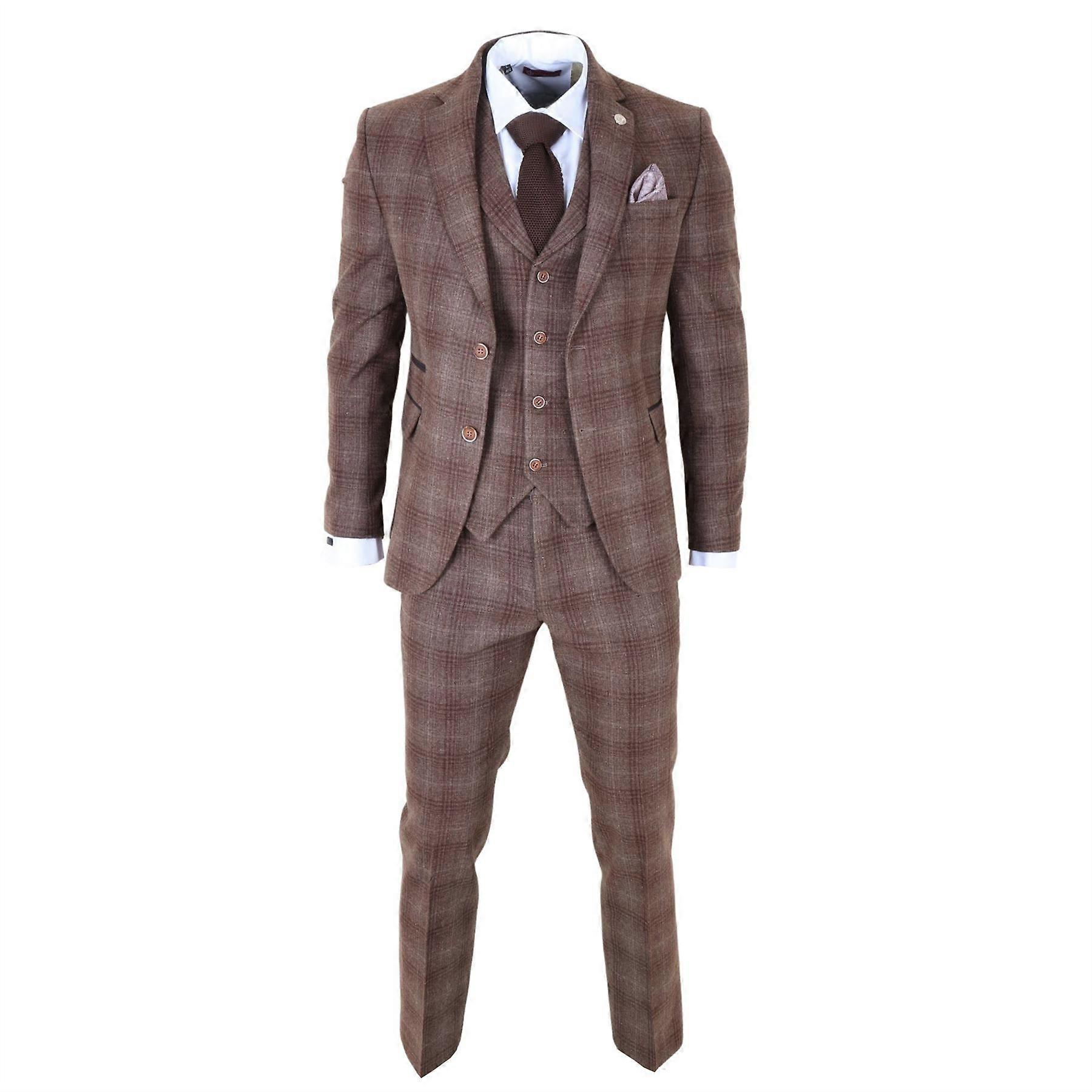 Mænds Formel Brun Tweed 3 stykke ternet Vintage Gatsby Style Suit
