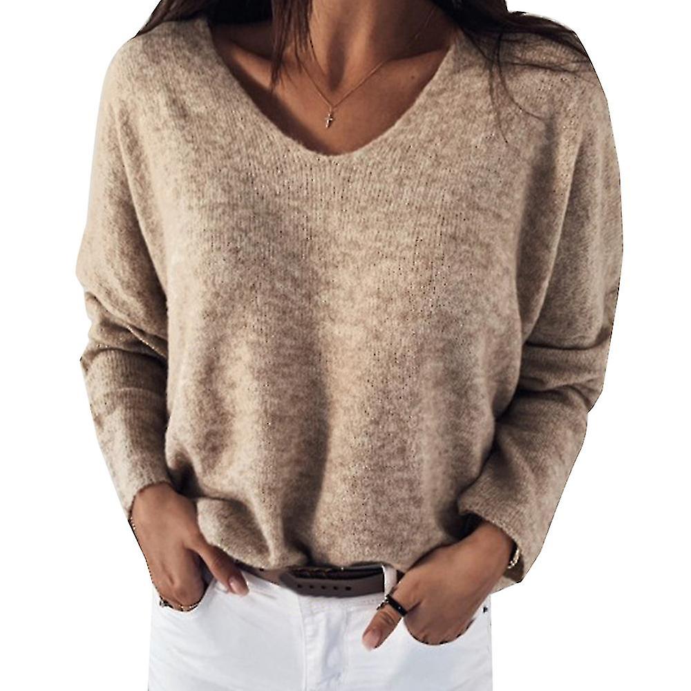 Femmes Solid Manches Longues Tricoté Pull Col V profond Pull Décontracté Pullover Baggy Tops