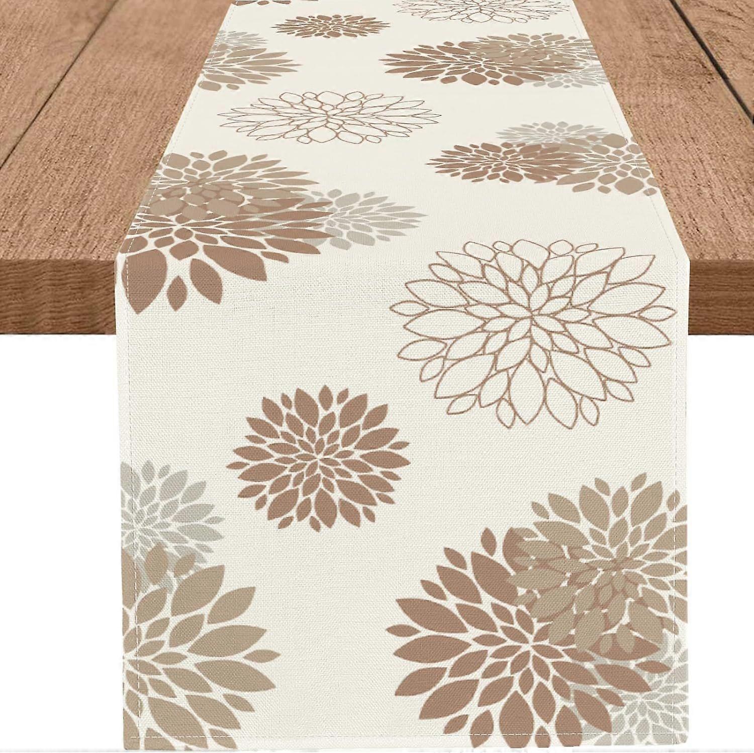 Coffee Brown Dahlia Table Runner Modern Elegant Flower Beige Table Runners