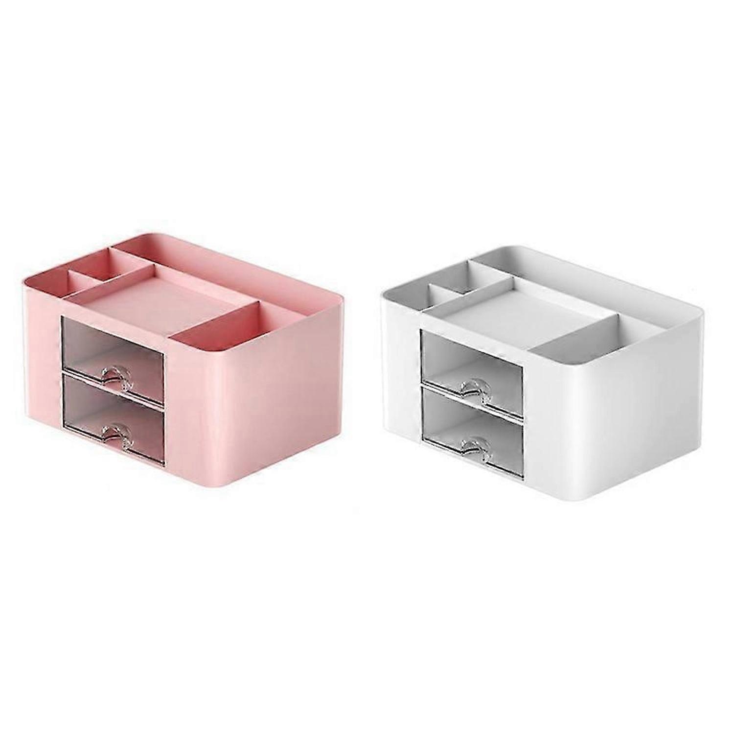 2Pcs Pink+White Simple Transparent Drawer Storage Box