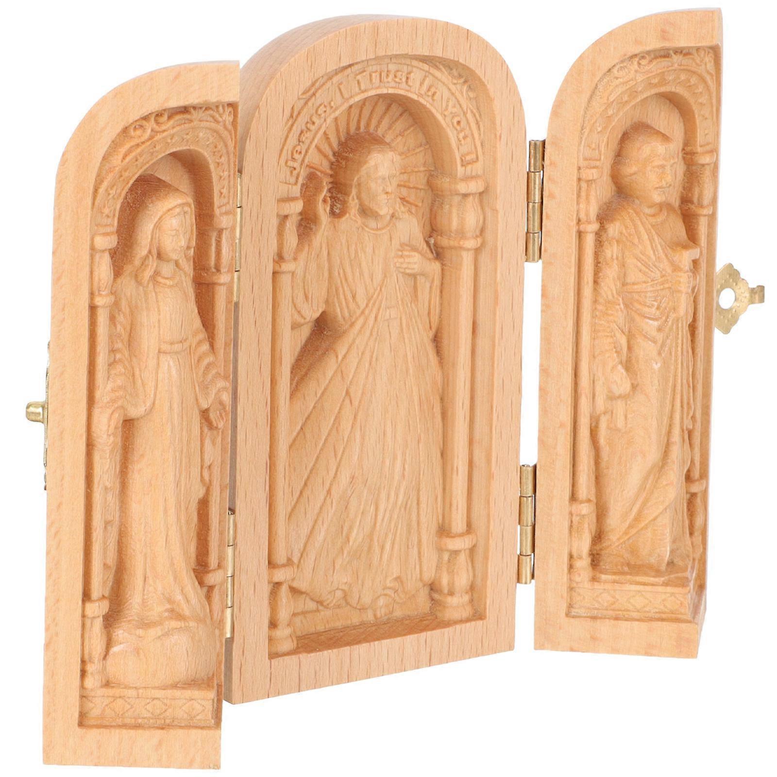 Catholic Box Retro Wood Statue 3Pcs Decorative Figurine for Desktop 13X10Cm Indoor Use with Space-saving Design