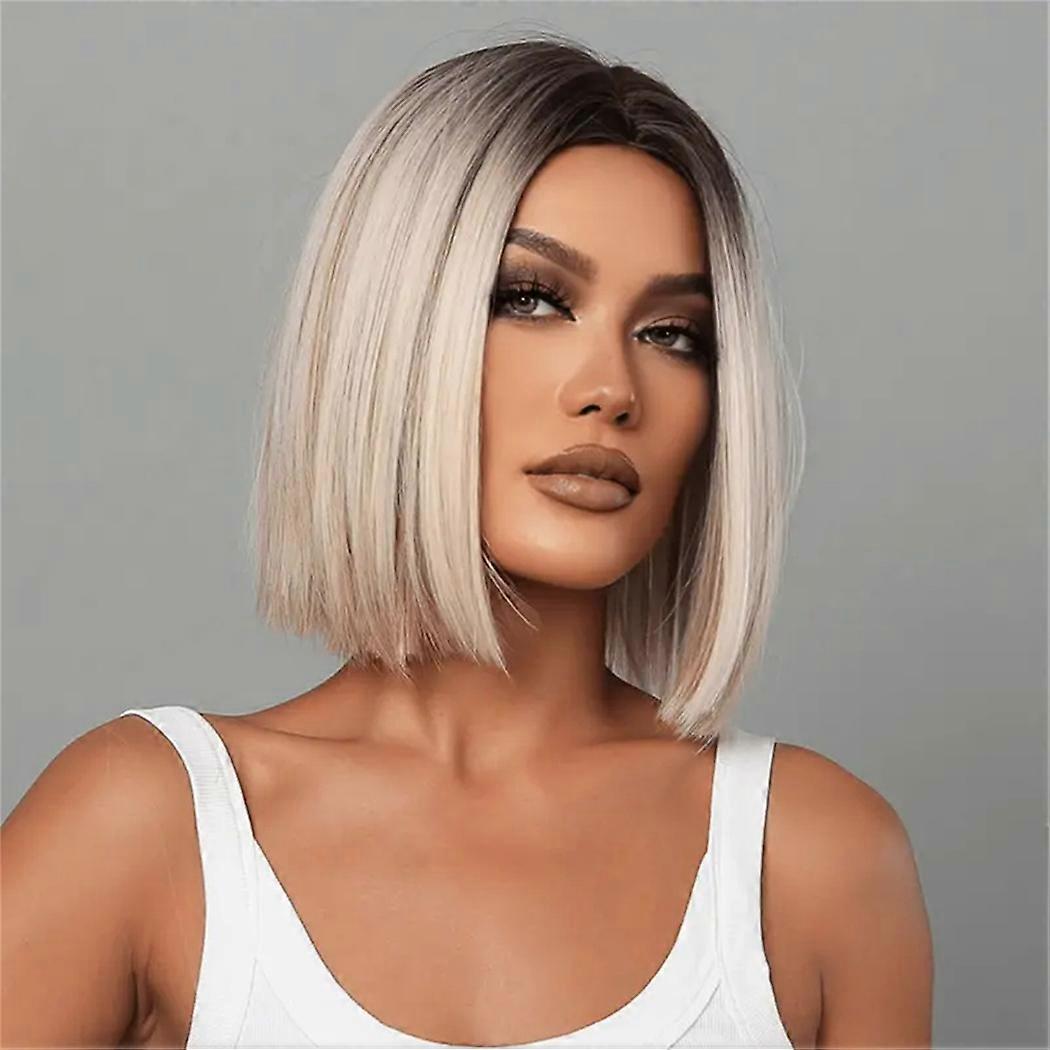 Gradient platinum women's shoulder-length straight bob wig, suitable for Halloween, parties, festivals, Christmas costumes