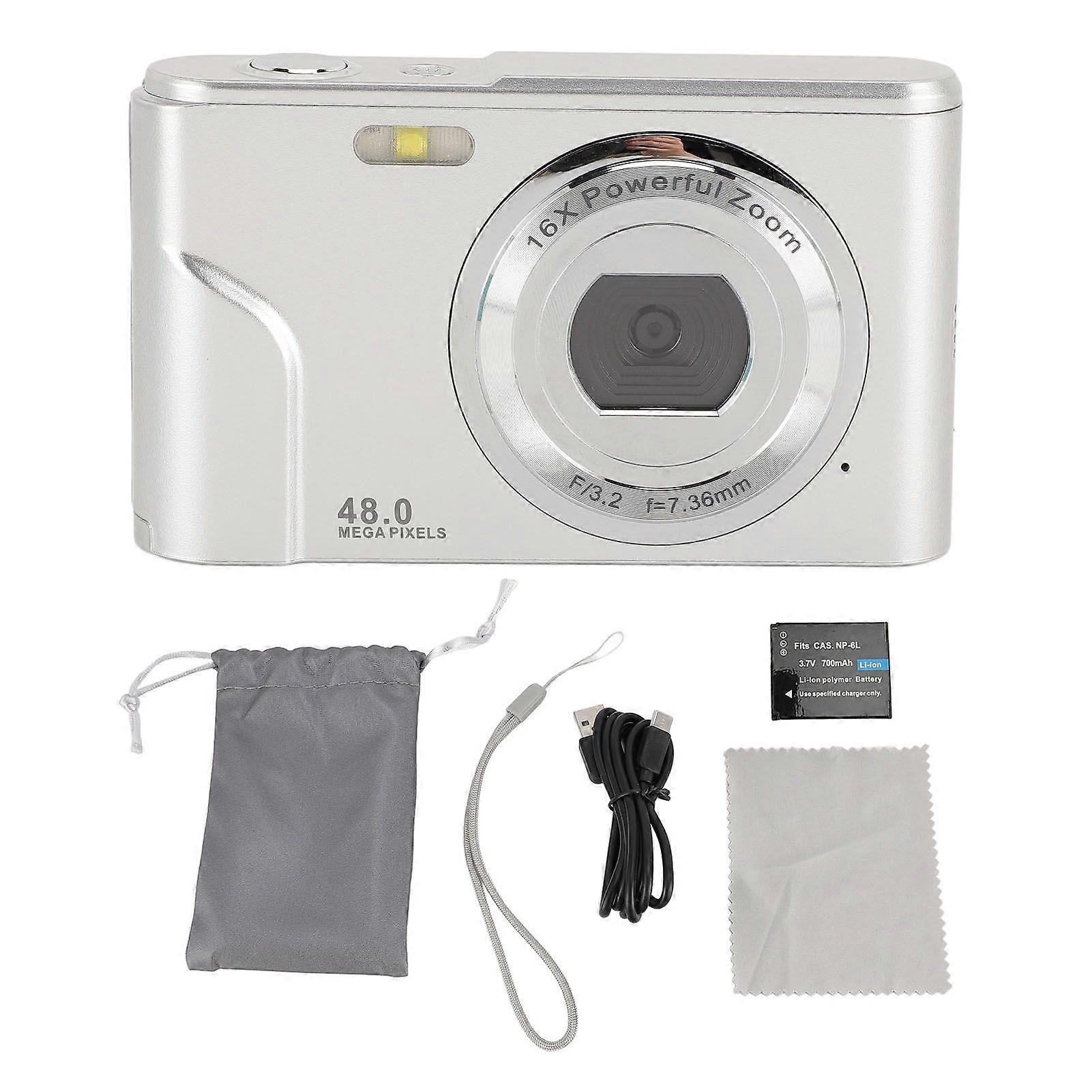 1080P Digital Camera for Kids Adults 48MP Vlogging Camera with 16X Digital Zoom 2.4 Inch IPS Display Compact Point and Shoot Camera Anti Shake Silver