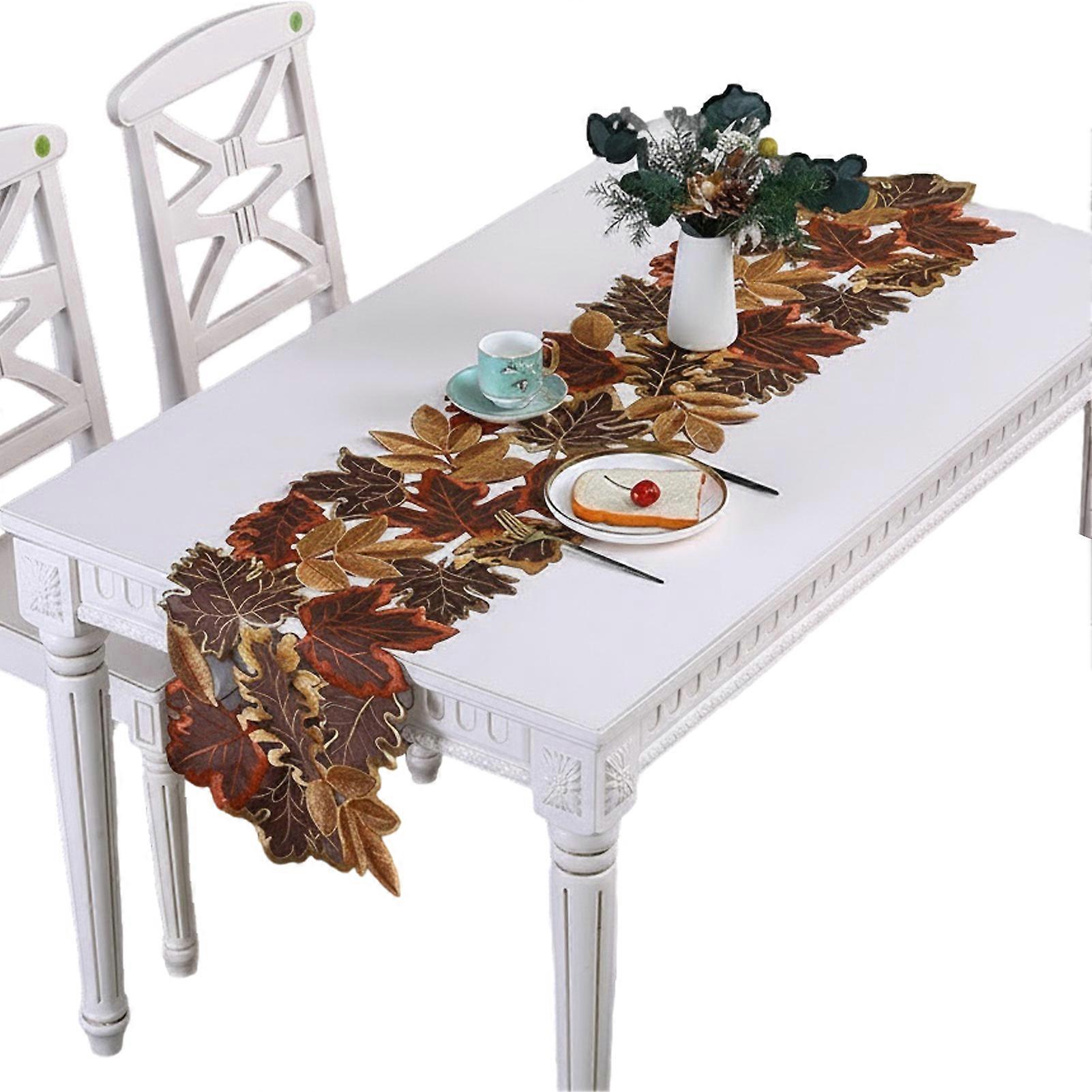 Polyester Autumn Maple Foliage Embroidered Table Mat Elegant Table Setting For Home Dining Rustic Long Decoration