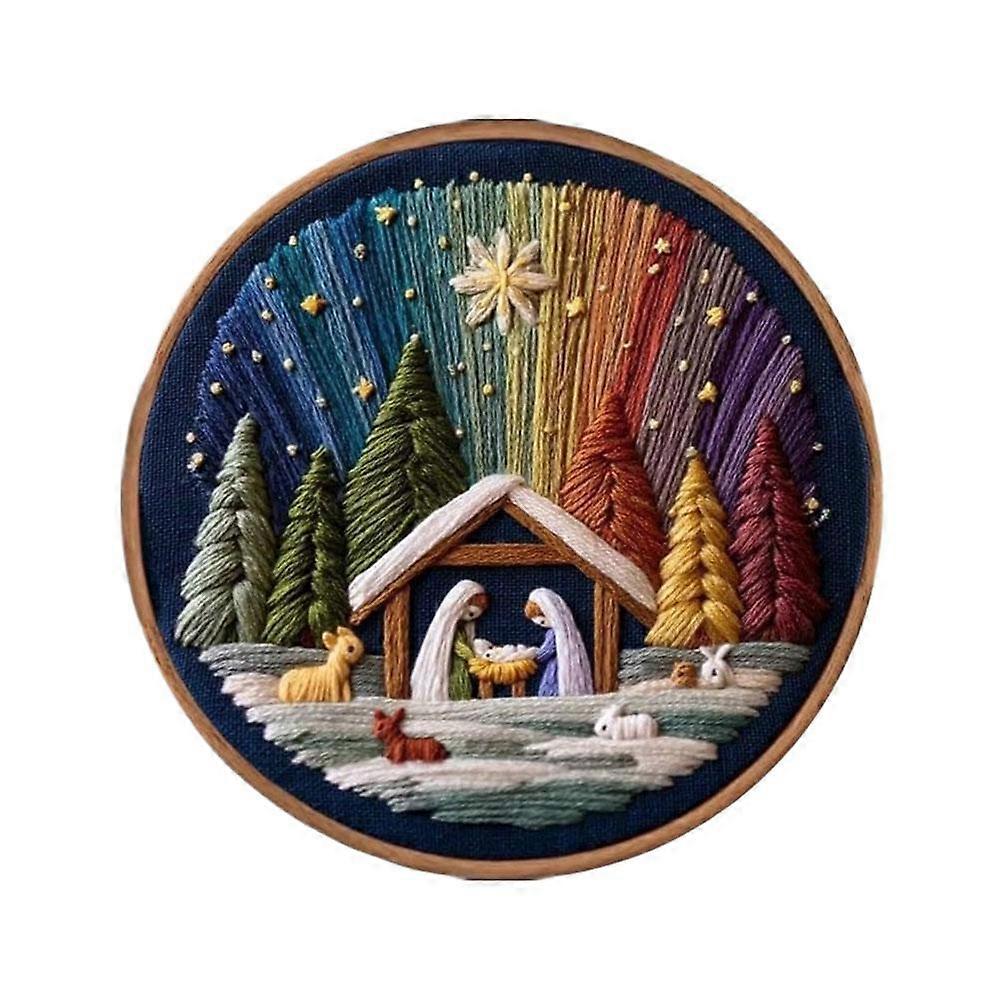 Nativity Scene DIY Embroidery Kit for Beginners with Fabric Floss Needle and Instructions 20x20cm Christian Christmas Craft