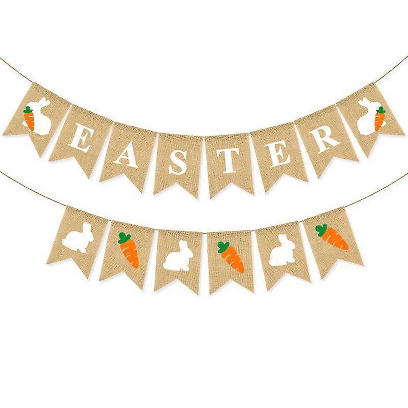 Happy Easter Banner Burlap - Rustic Easter Decorations - Easter Bunny Banner For Mantle Fireplace - Spring Easter Party