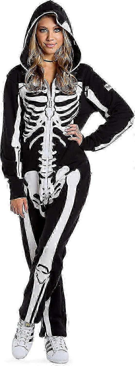 Halloween Skeleton Costume for Women - Comfy Easy Adult Onesie Jumpsuit - Front and Back Print with Zip Up Mask