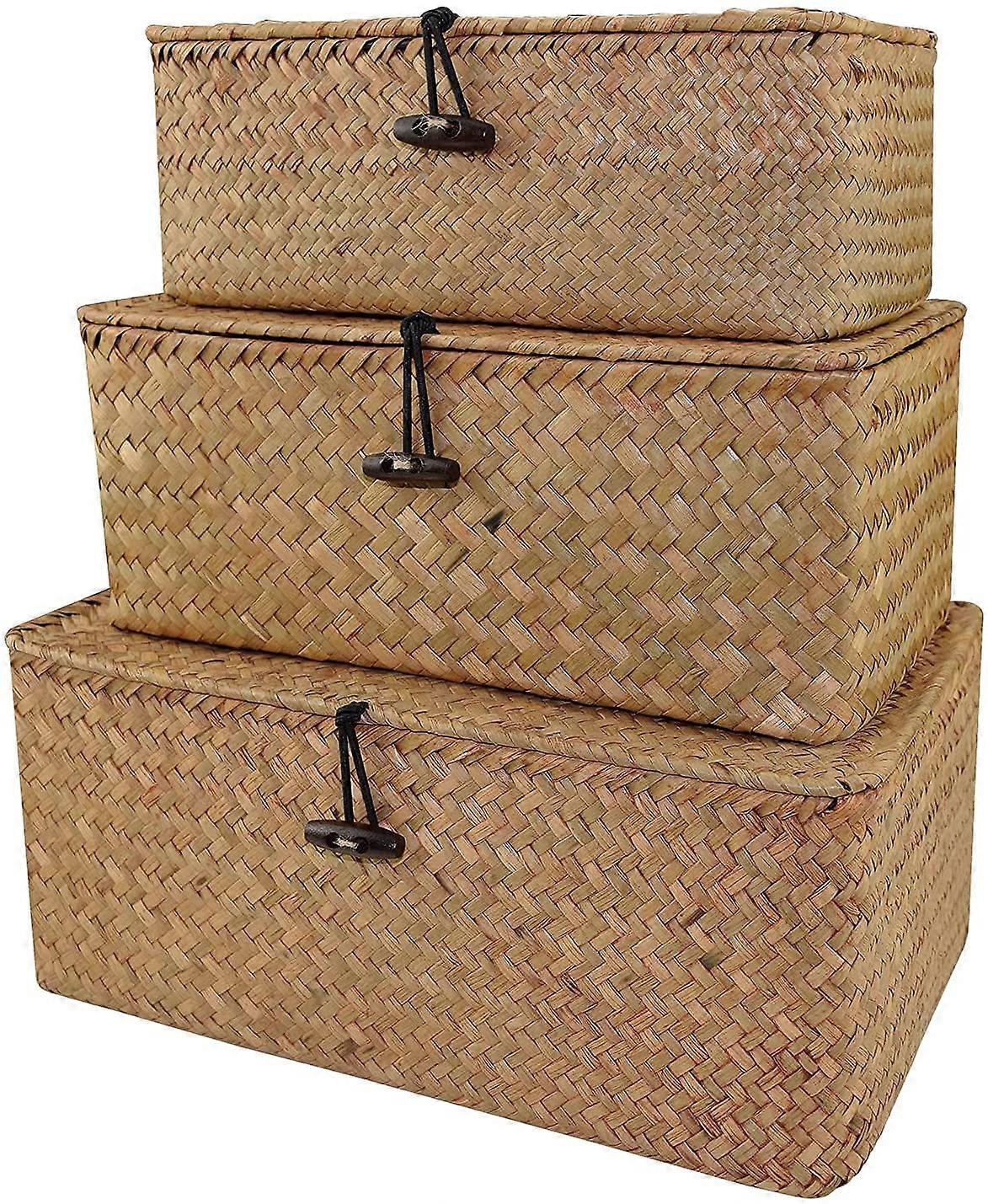 Wicker Storage Baskets With Lids Set Of 3 Natural Rattan Woven Rectangular Organizer Box Seagrass Laundry Baskets