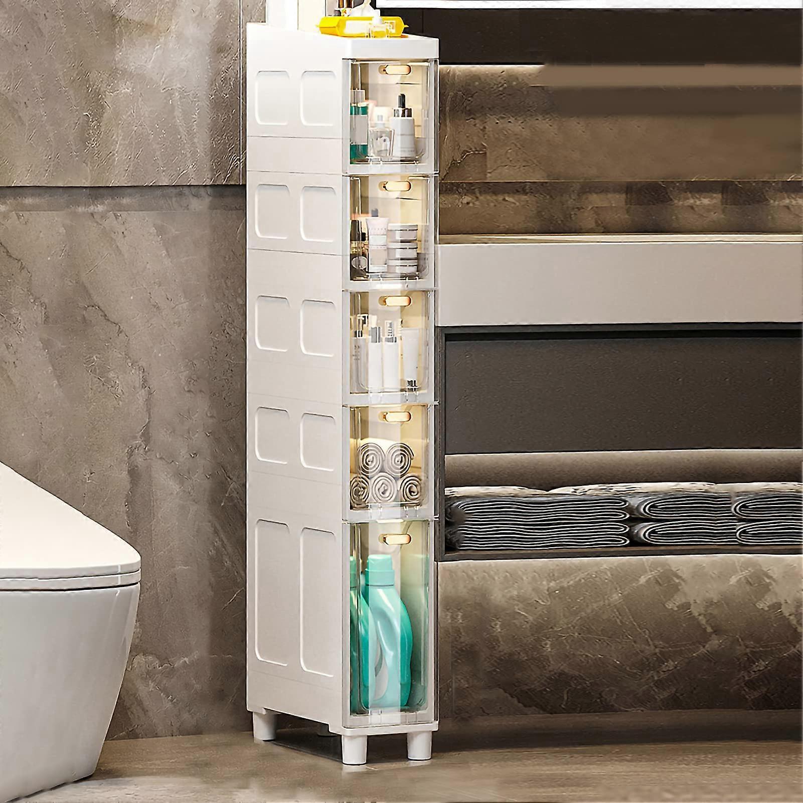 Narrow Tall Slim Floor Cabinet 35Tier Bathroom Storage With Plastic Drawers And Casters For Small Spaces