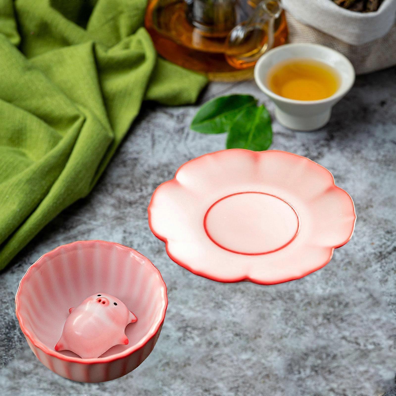 Ceramic Teacup Set with Piggy Figurine Unique Texture Elegant 120ml Chinese Kung Fu Tea Cup for