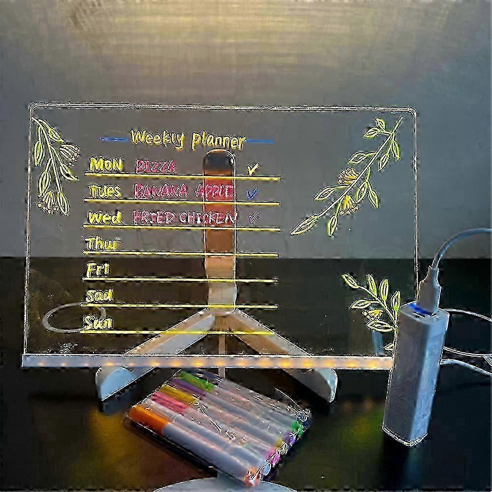 Tableau de notes led avec stylo 7 couleurs, tableau effaçable à sec acrylique lumineux avec support de lumière led, tableau blanc de bureau de t
