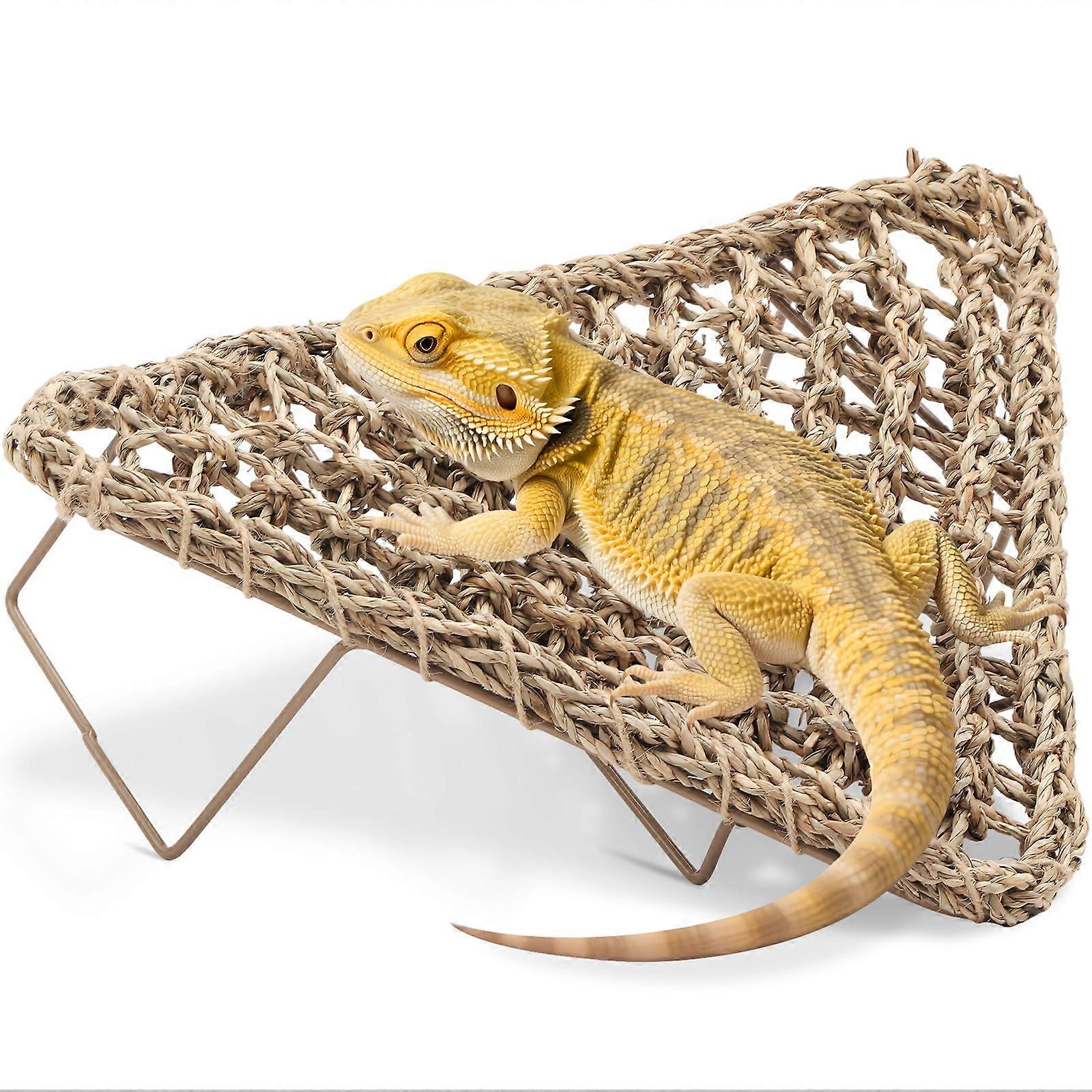 Reptile Hammock with Metal Legs for Bearded Dragon Basking, Adjustable Seagrass Triangle Platform
