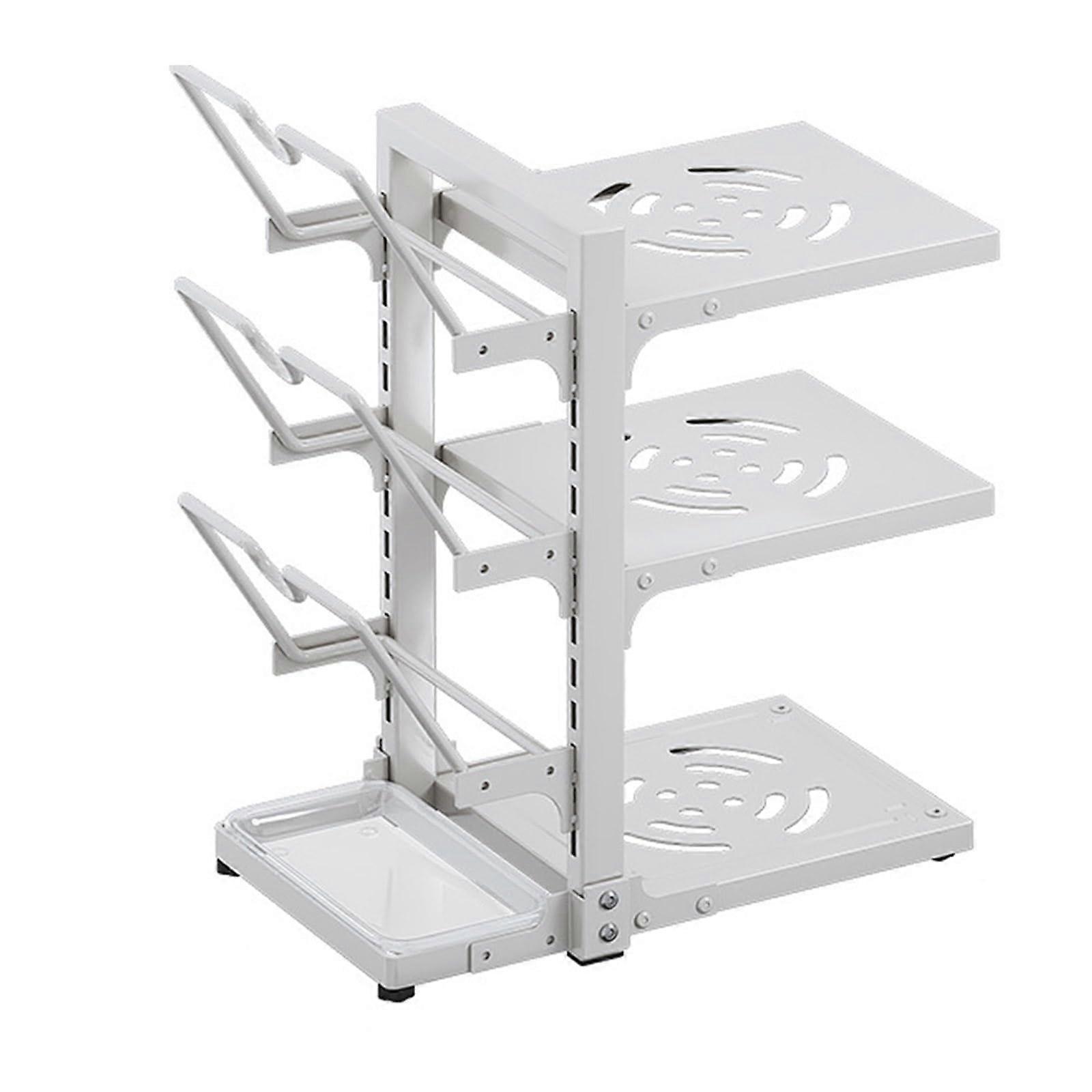 Adjustable Pot and Pan Organizer Rack with Lid Holders and Drain Tray, Carbon Steel Floor Stand (White 4)