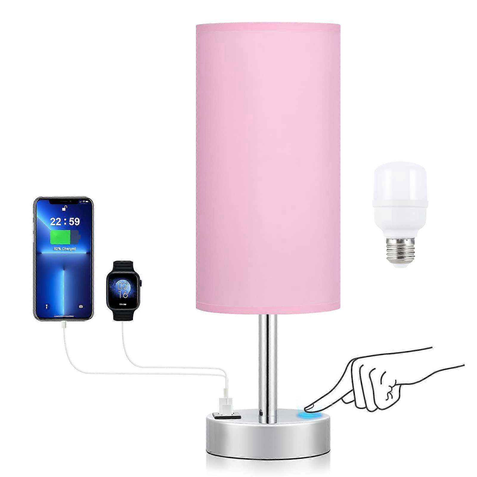 Pink Bedside Lamp with USB and USBC, 3Way Touch Control Table Lamp for Bedroom Dorm Reading