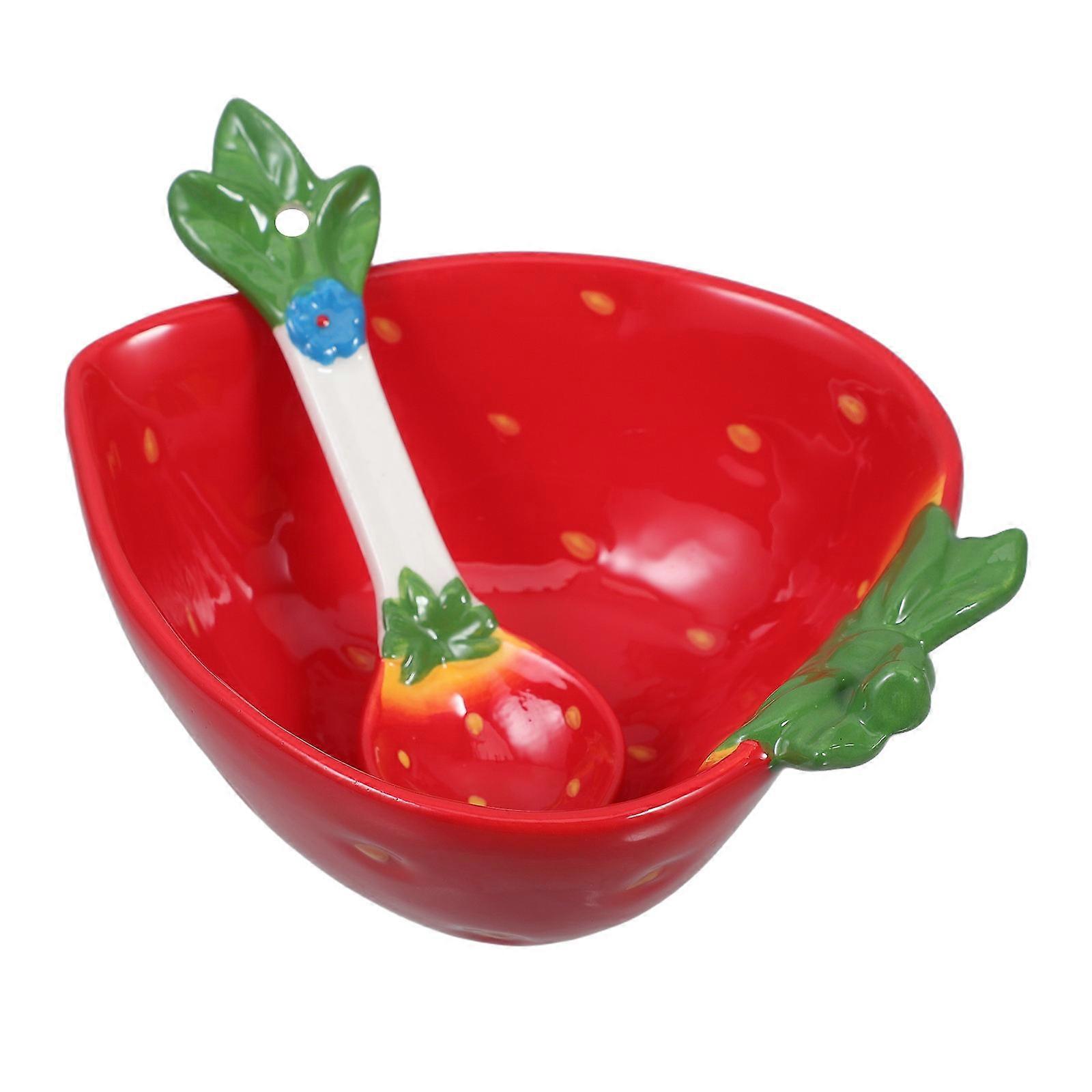 Strawberry Bowl Ceramic Serving Set with Spoon for Kitchen Use 1Set