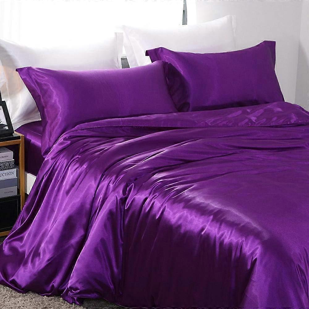 Seamless Mulberry Silk Fitted Sheet Queen Size with Deep Pocket Fit and Elastic Corners Purple