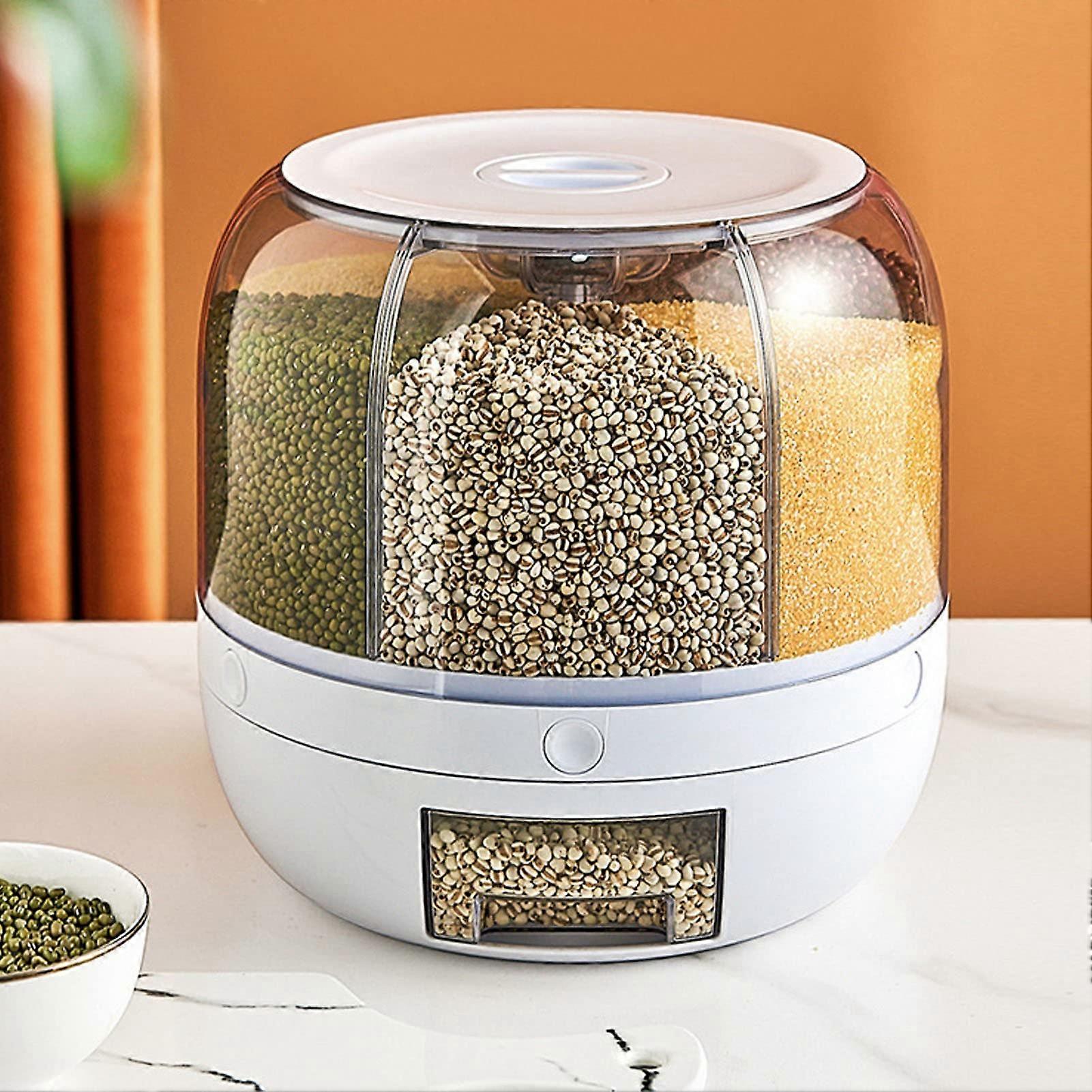 Grain Storage Container 5kg Rotating Rice Dispenser with 6 Compartments for Kitchen Cereal Organization
