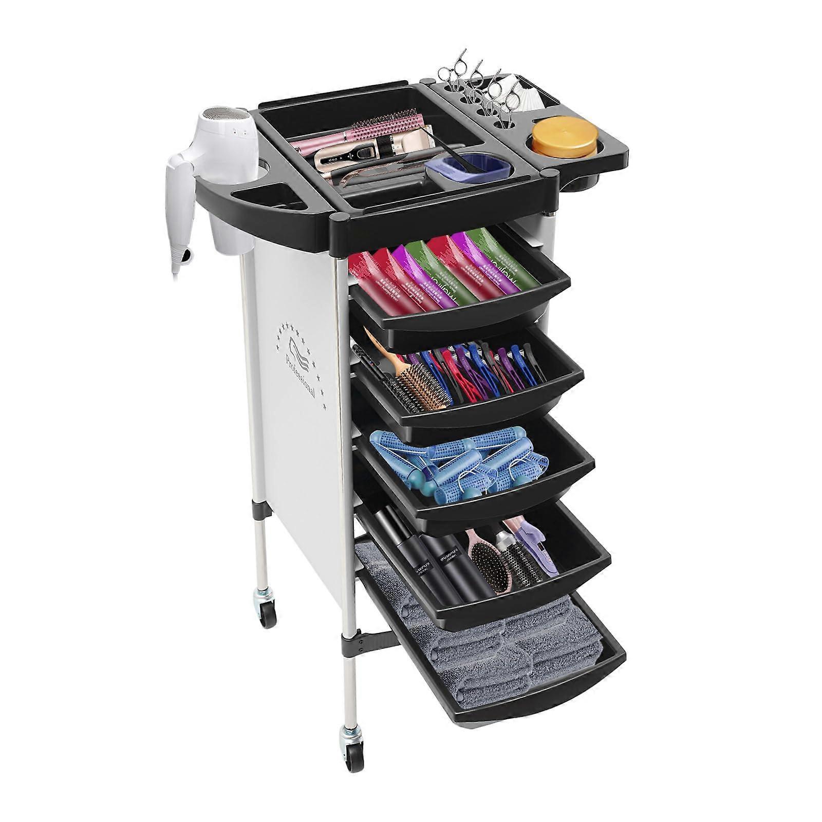 Salon Trolley with 5 Spacious Drawers, Easy Glide Wheels, Multi Tray, Foldable  Cover Silver