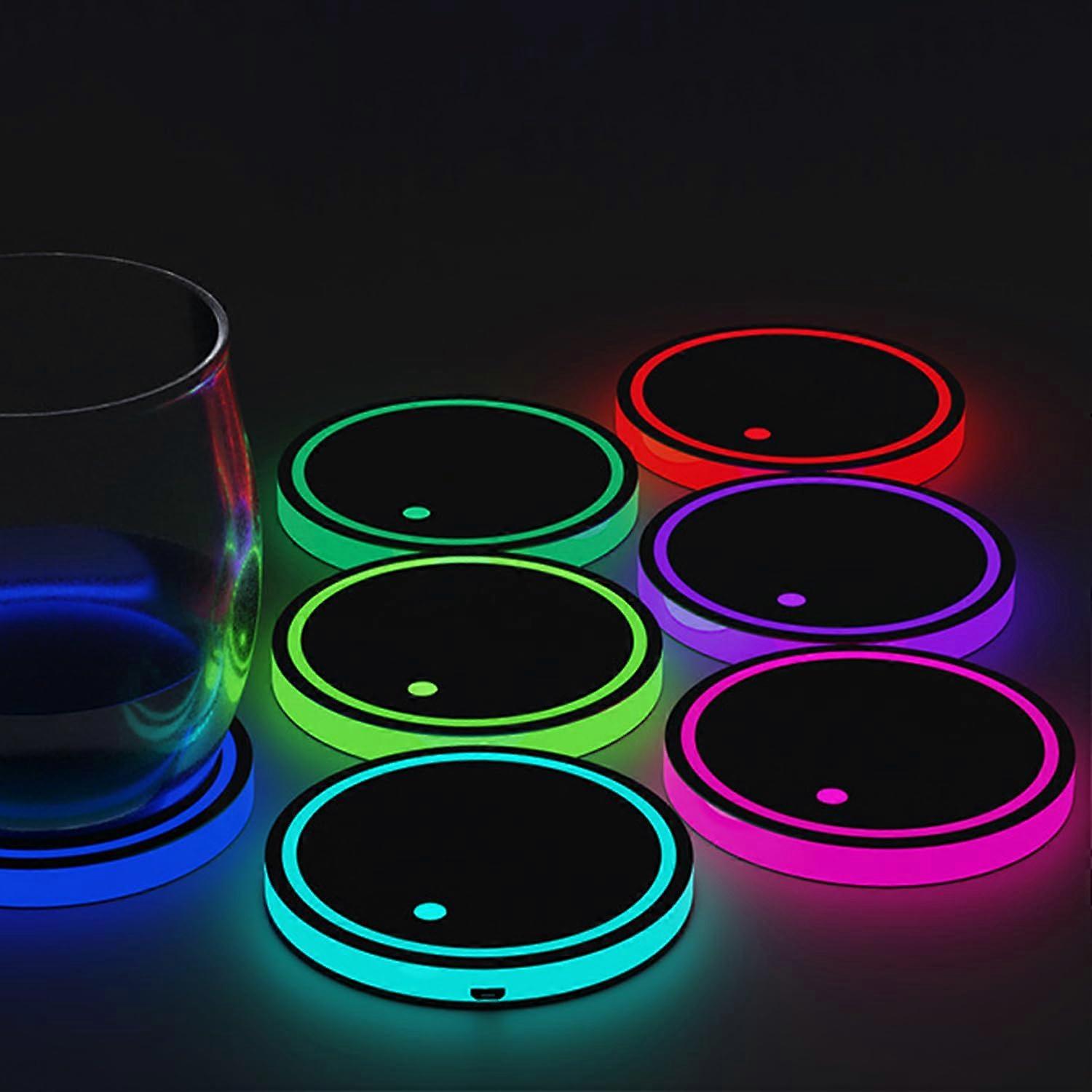 LED Car Cup Holder Lights with 7 Colors, USB Charging Waterproof Coasters, Smart Sensor
