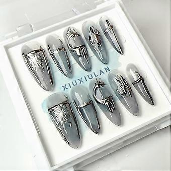 Metallic White Almond Press on Nails, Handmade Glossy Gel False Nails, Reusable Acrylic Set
