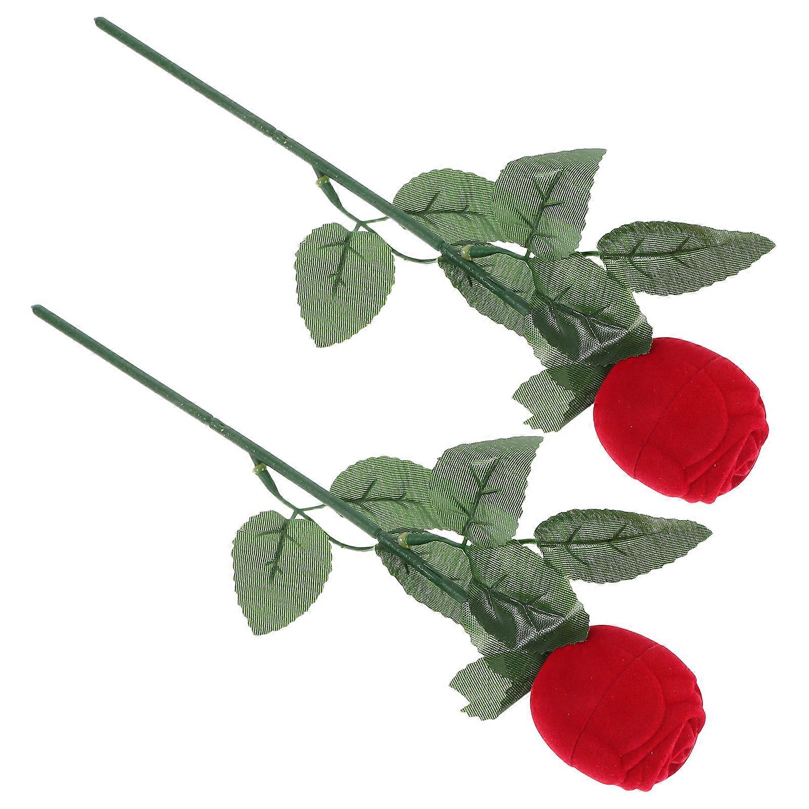 Rose Ring Box Creative Storage Use with 2Pcs Green Simulation Rose Shape