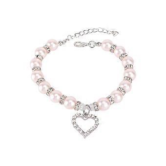 Pet Necklace Crystal Heart Pandant Pet Cat Dog Necklace Bling Pearls Jewelry Size S (Pink)