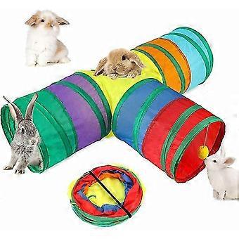3 Wege faltbarer Kaninchen Tunnel Zwerg Kaninchen Versteck Kleintier Aktivität Tunnel Spielzeug für Kaninchen Frettchen Meerschweinchen mit Ball 80X25cm