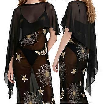 Combhasaki Women/s Sheer Mesh Poncho Solid Colour Round Neck High Low Asymmetrical Hem Jacket Loose Shawl Wraps Cape Cover-up Top