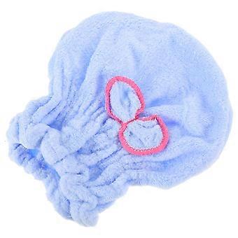 Hair Drying Cap Elastic Bowknot Coral Fleece Cap for Shower Use Blue