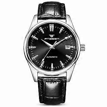 Reloj de cuarzo para hombre, moderno, resistente al agua, informal, con correa de cuero genuino negra, caja blanca, esfera negra, calendario, ultrafino, para estudiantes JY
