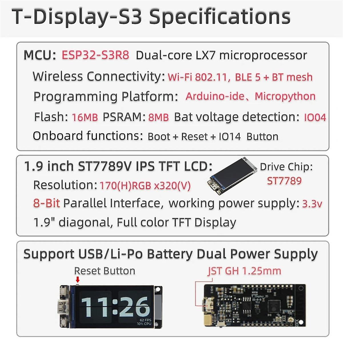 ESP32-S3R8 T-Display-S3 Development Board 1.9 Inch LCD Display WIFI Bluetooth5.0 170x320 Wireless M