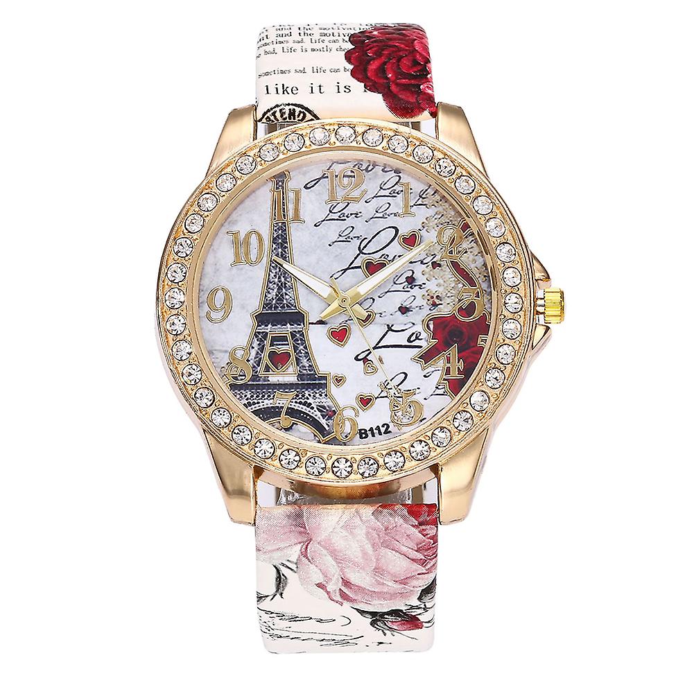 Eiffel Tower Rhinestone Faux Leather Strap Round Dial Analog Quartz Watch