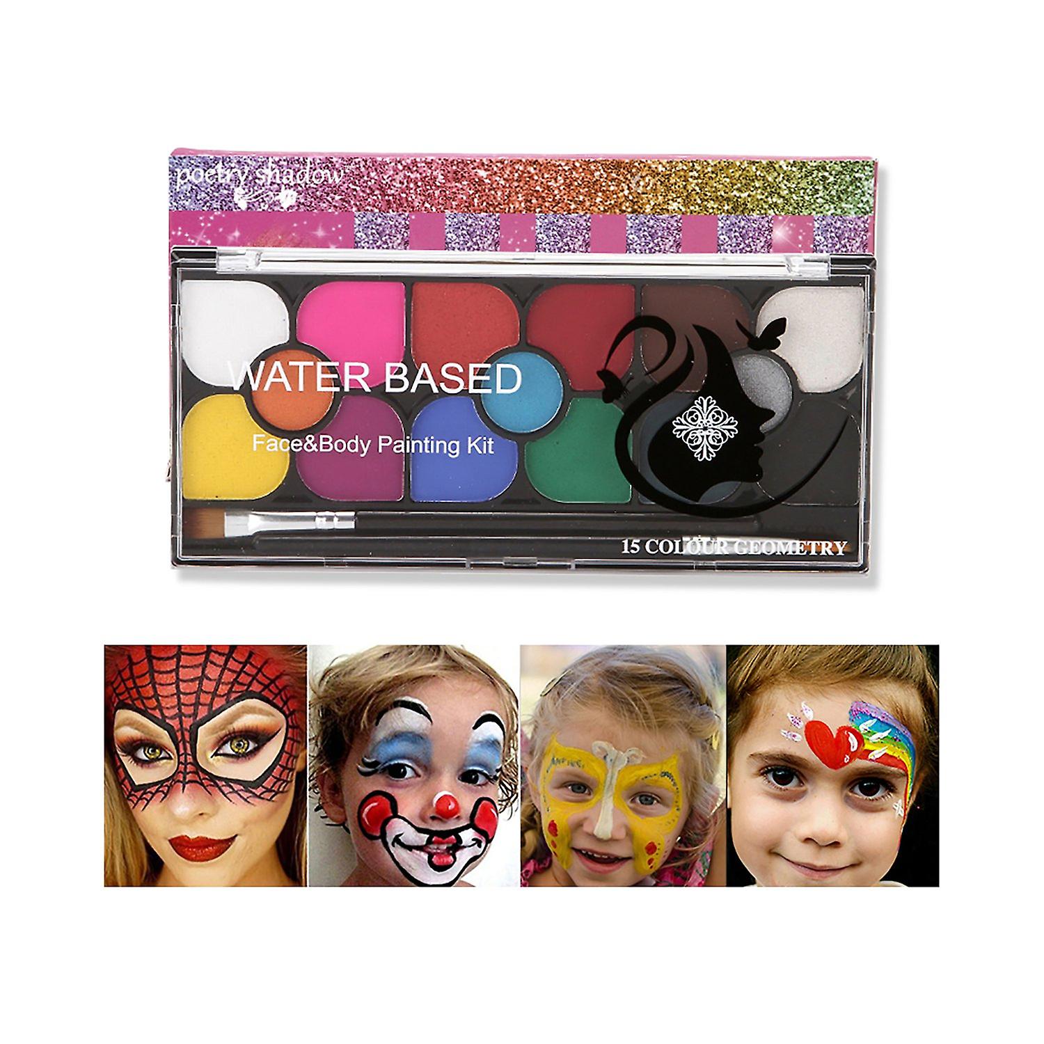 15 Colors Face Paint Kit with 2 Brushes Washable Face Body Painting Palette Safe Non-Toxic Hypoaller