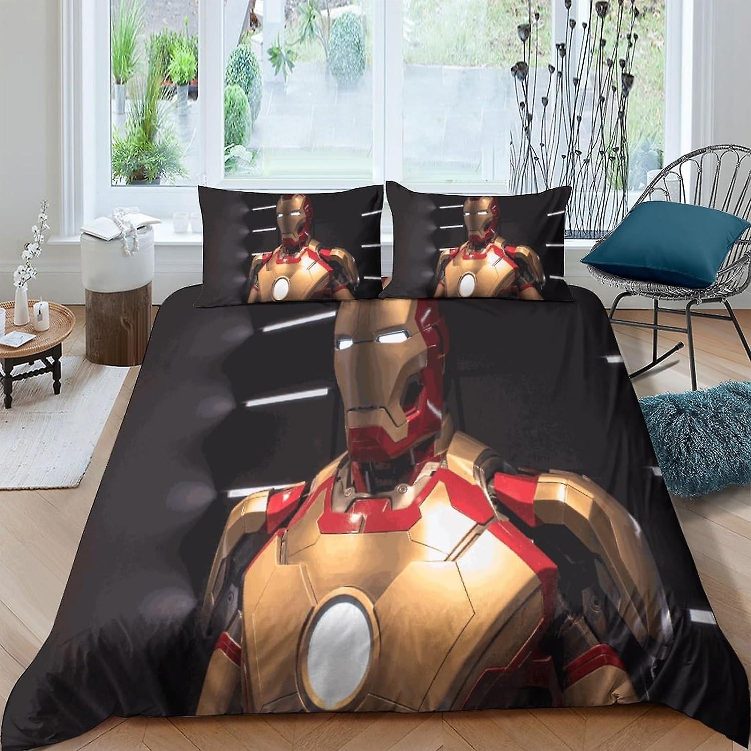 Iron Man3D Bedding Print Set Pieces Soft Microfiber Duvet Cover with Pillowcases with Zipper Closure for Kids Teens Adults Iron Man Marvel Comforter C