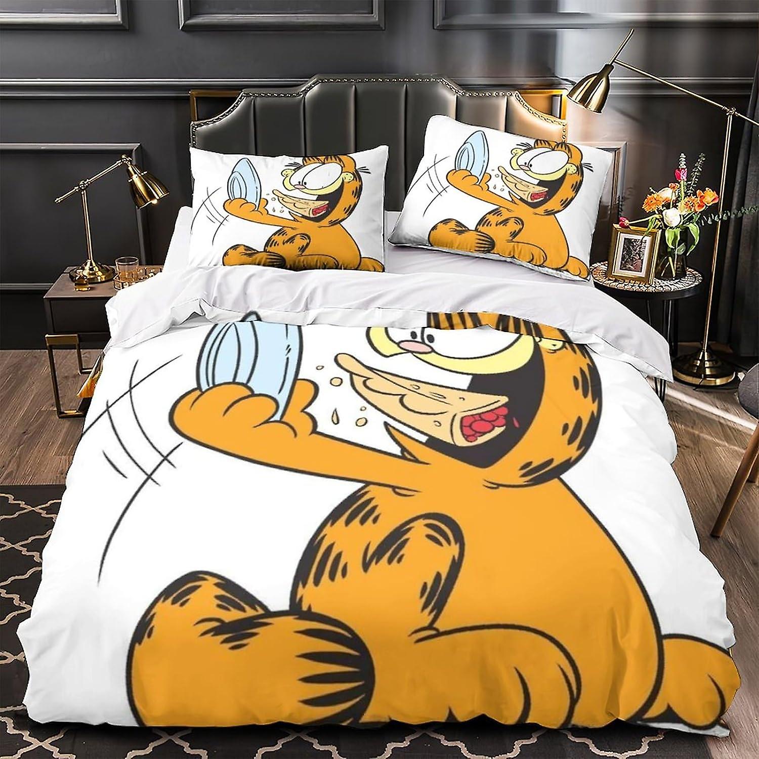 HOUKIG Garfield Påslakan 3-delat set 3D-kvalitet sängkläder Anime Tecken Täcke Täcke Microfiber Quilt Cover med Zipeer-stängning för barn tonåringar Adul