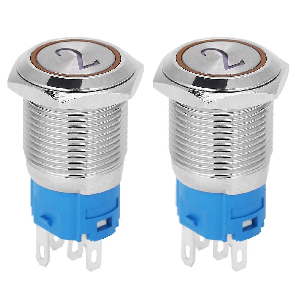 2PCS 16mm Yellow LED 5-Pin Metal Push Button Switch, Flat Head, Self-Reset, #2, 3-6VDC