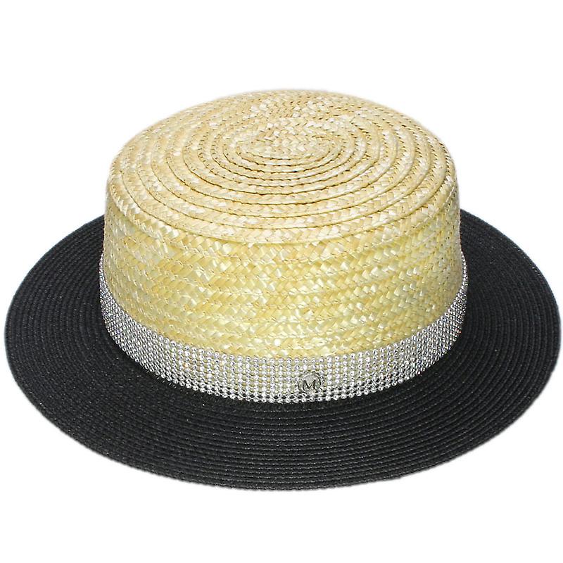 M מכתב קשיח יהלום עגול שטוח עליון שני צבעים קש טלאים כובע נשים סאן ביץ קרם הגנה פאי חזיר סירה כובע קיץ 57 ס"מ
