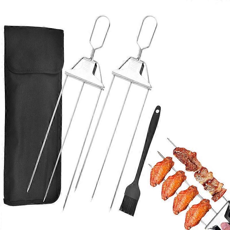 New 3 Way Grill Skewers Shrimp Skewers For Grilling Stainless Steel Grilling Sticks With Push Bar 3-prong Skewer Bbq Stick Kebab