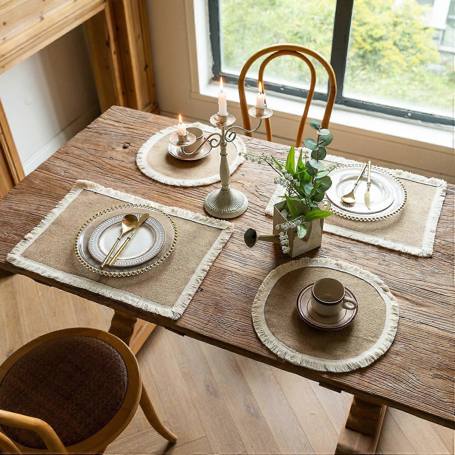 مفرش عتيق ، حصيرة طاولة مهدبة من الجوت ، حصيرة وعاء مستديرة ، حصيرة عزل حراري مستطيلة ، منديل.