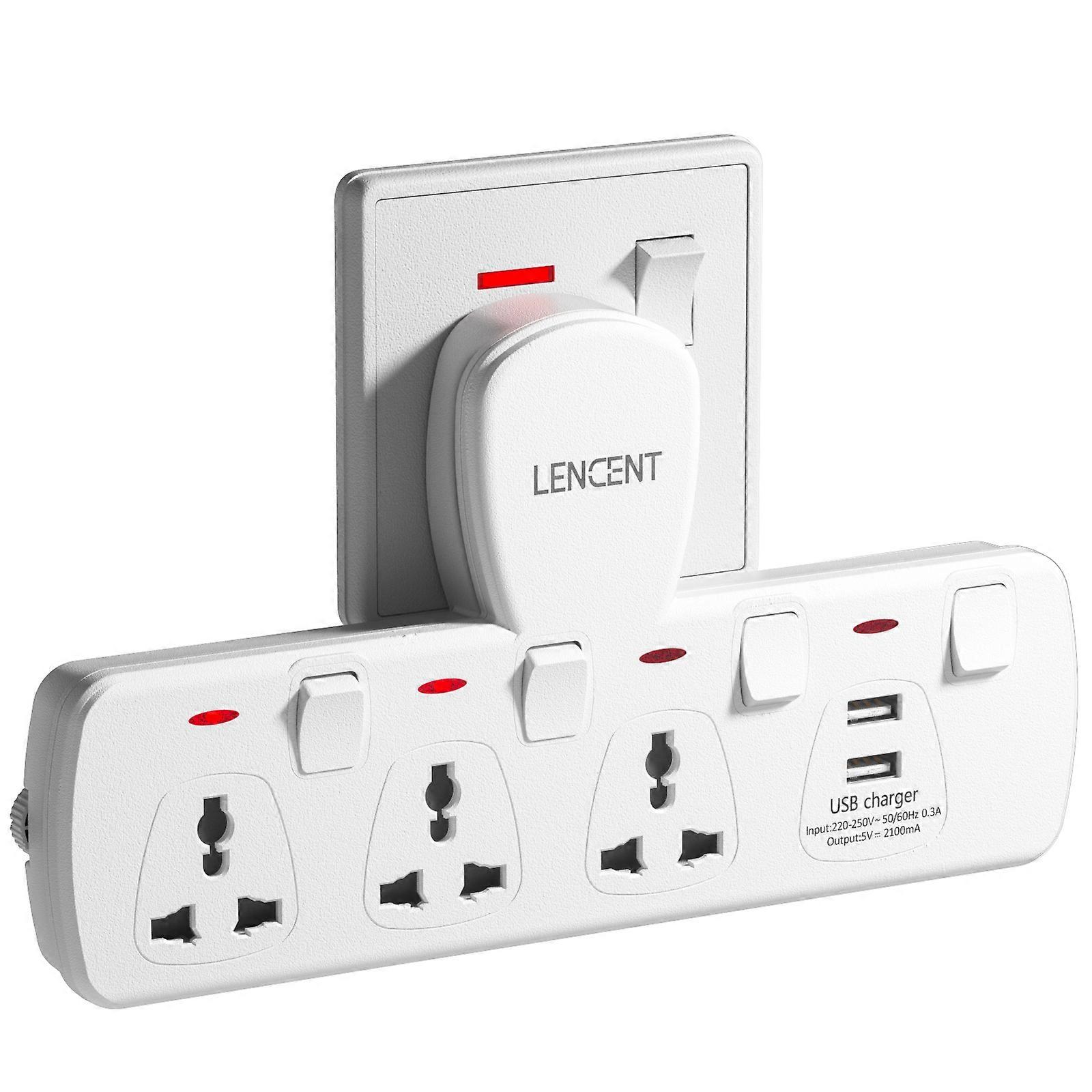Lencent Multi Outlet Extension Socket With Switch, Universal Socket Adapter, 3 Ac Outlets, 2 Usb Ports, Home Office